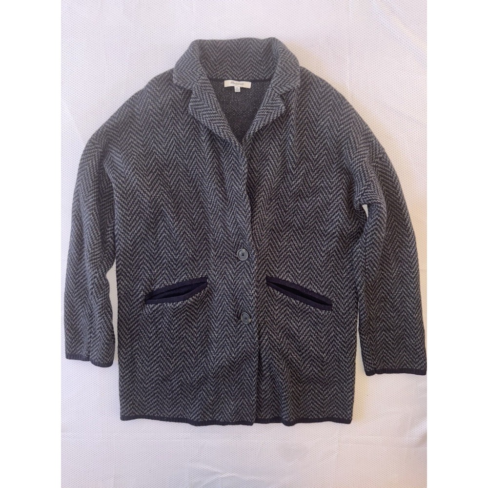 Madewell Blazer Sweater‎ Jacket Womens XS Blue Herringbone Wool Blend Cardigan - Picture 2 of 10
